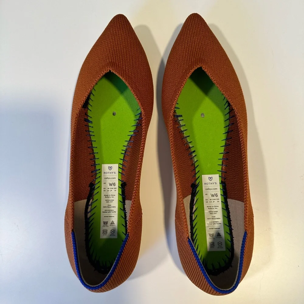 Rothy's Rust Brown Pointed Knit Flats with Blue Trim - Picture 5 of 7